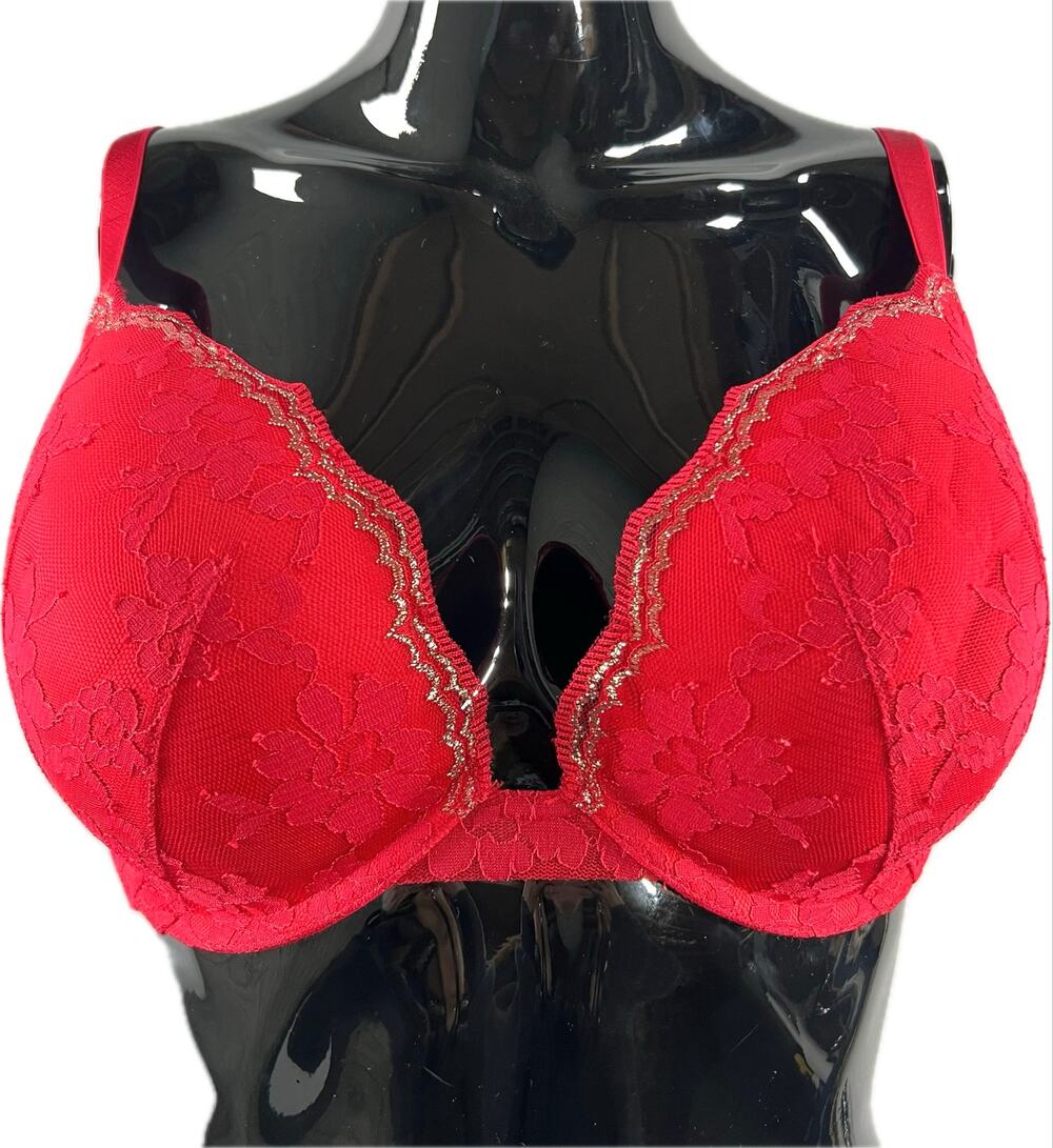 Victoria's Secret Dream Angels floral red lace push up bra gold trim 34DDD / F75